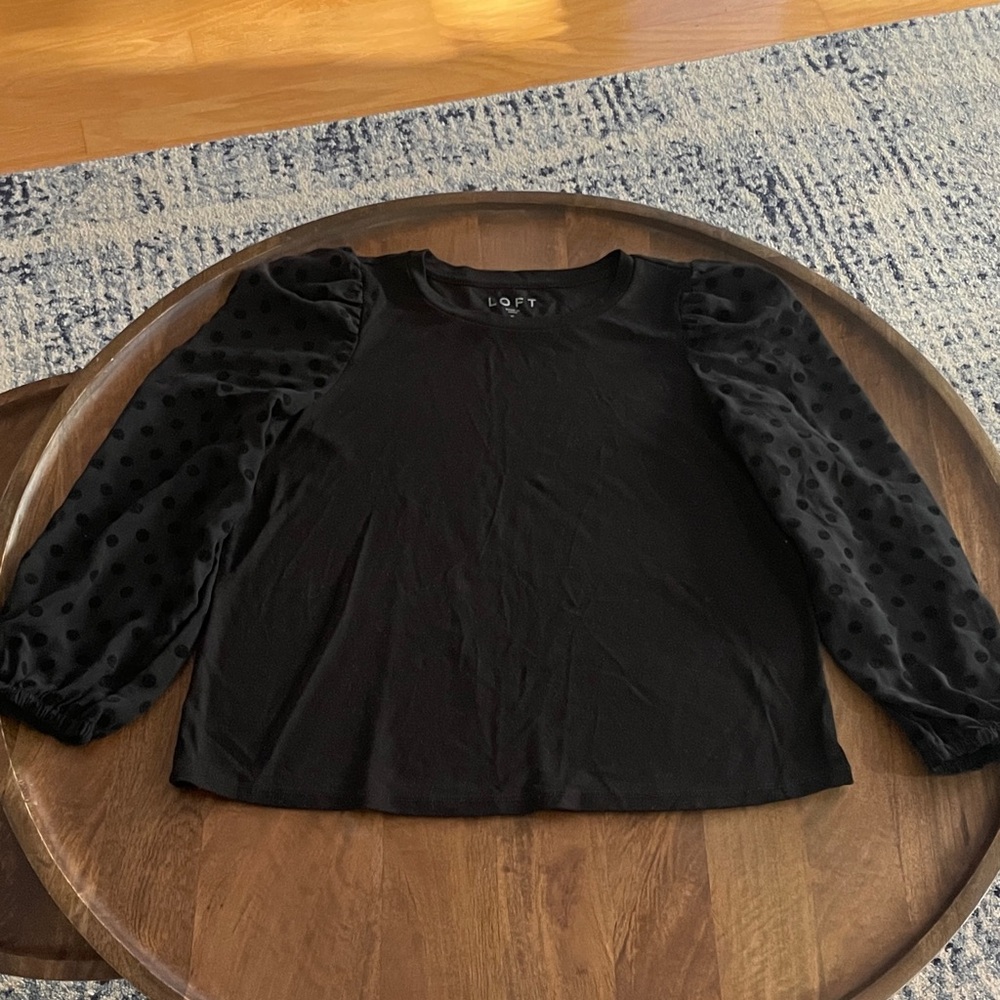 LOFT Black Blouse with Sheer Polka Dot Sleeves, women’s S